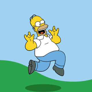 Homer Simpson skips delightedly through green hills
