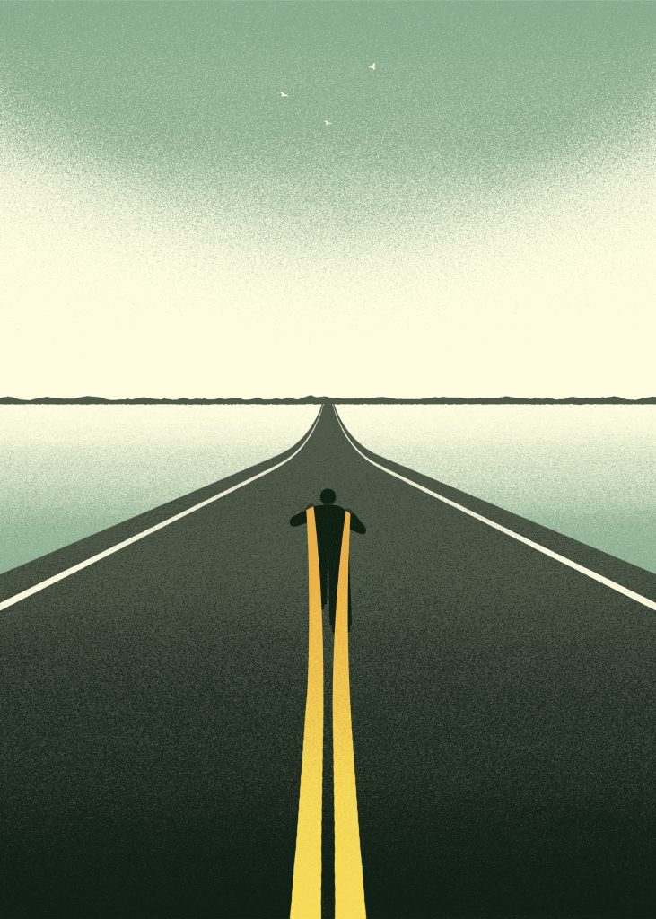Illustration of a person in the middle of the road making their path with the double yellow lines